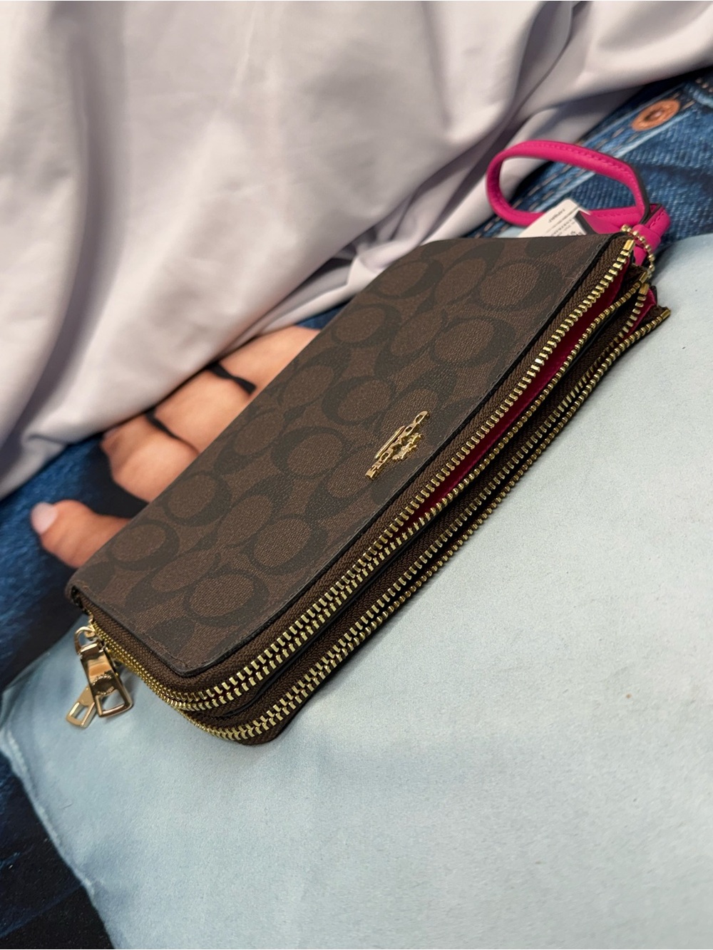 (new+tag) Coach Double-Zip Wristlet Brown Signature Monogram - Pink Wrist Strap - Picture 12 of 12